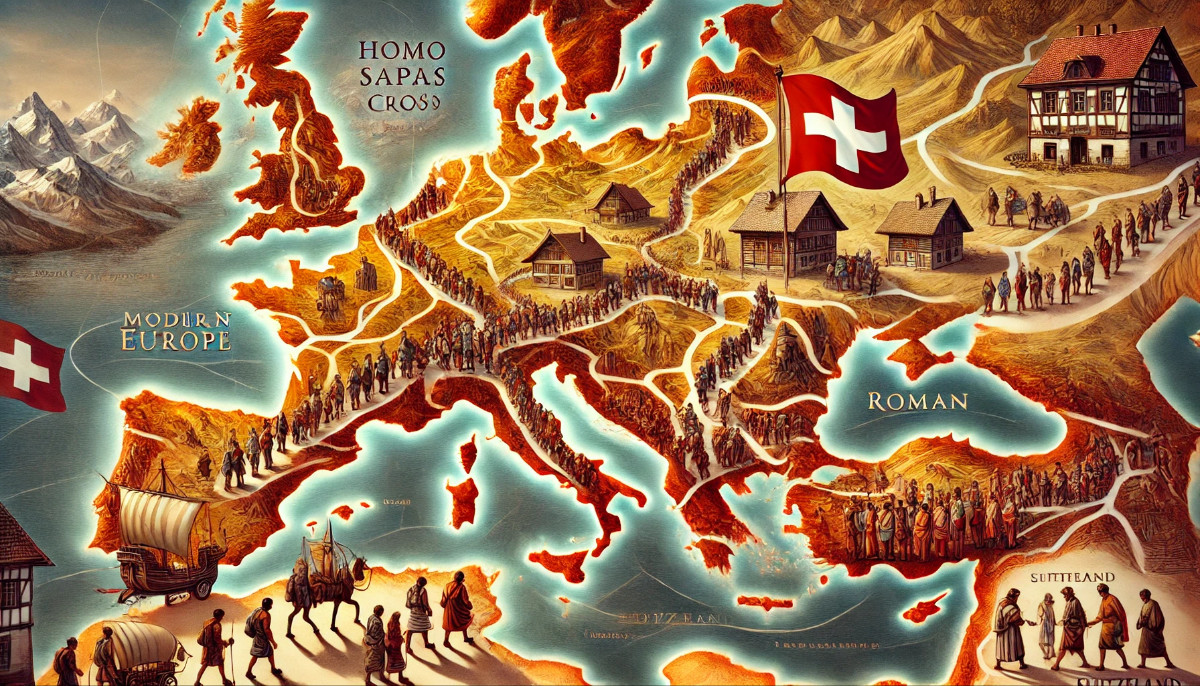 Historische Karte Europas mit Migrationsrouten des Homo sapiens, Schweizer Fahne und Alpen