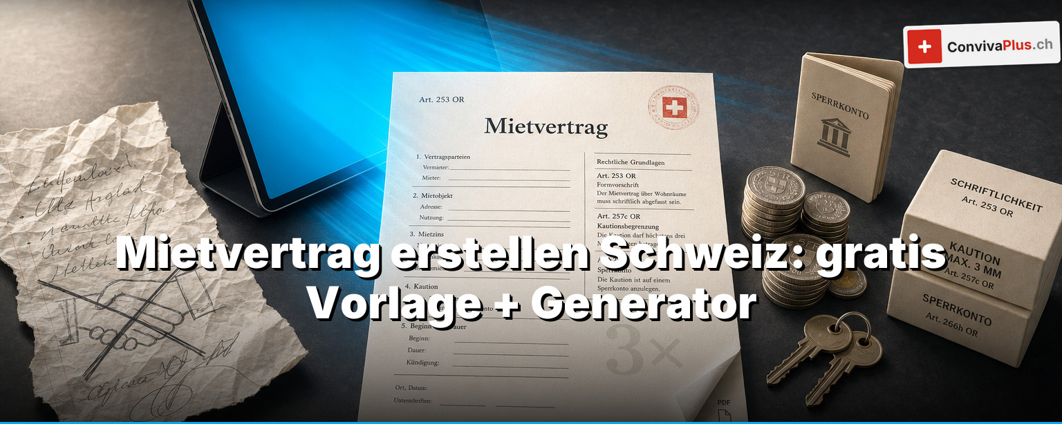 Mietvertrag erstellen: gratis Vorlage (PDF) und der Generator, der dir in 2 Minuten einen OR-konformen Schweizer Mietvertrag baut