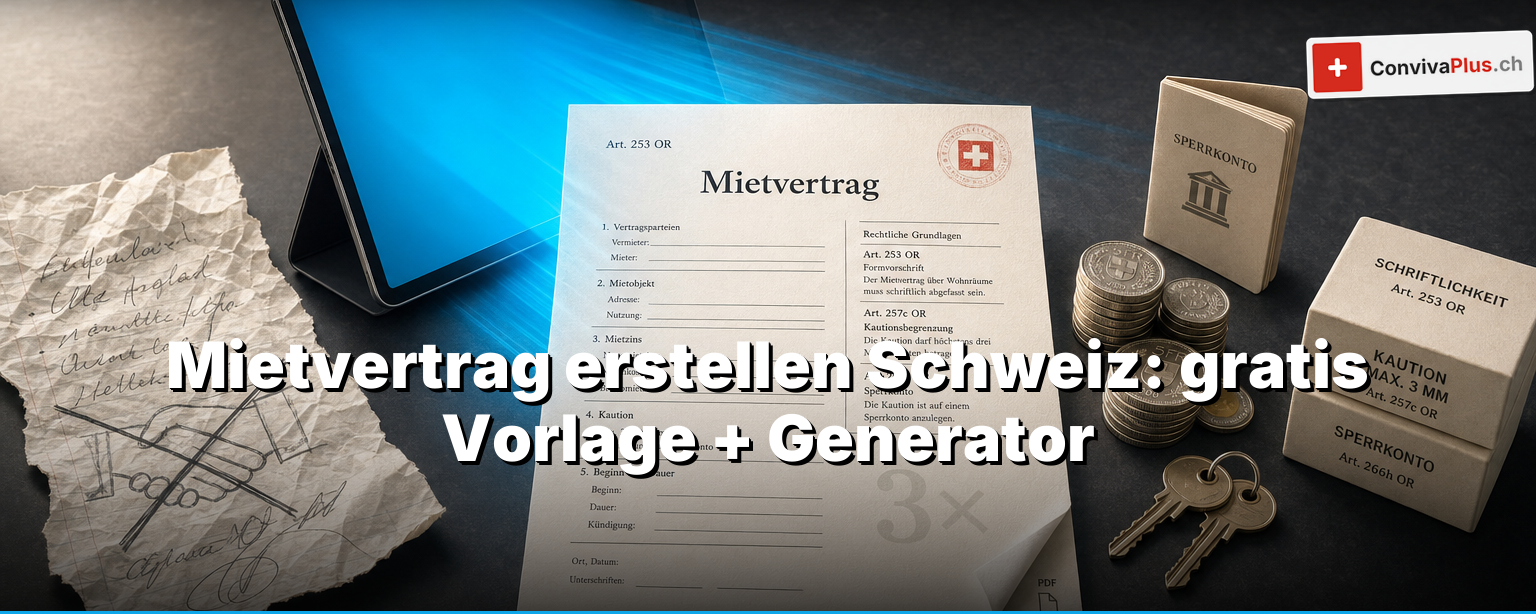 Mietvertrag erstellen: gratis Vorlage (PDF) und der Generator, der dir in 2 Minuten einen OR-konformen Schweizer Mietvertrag baut