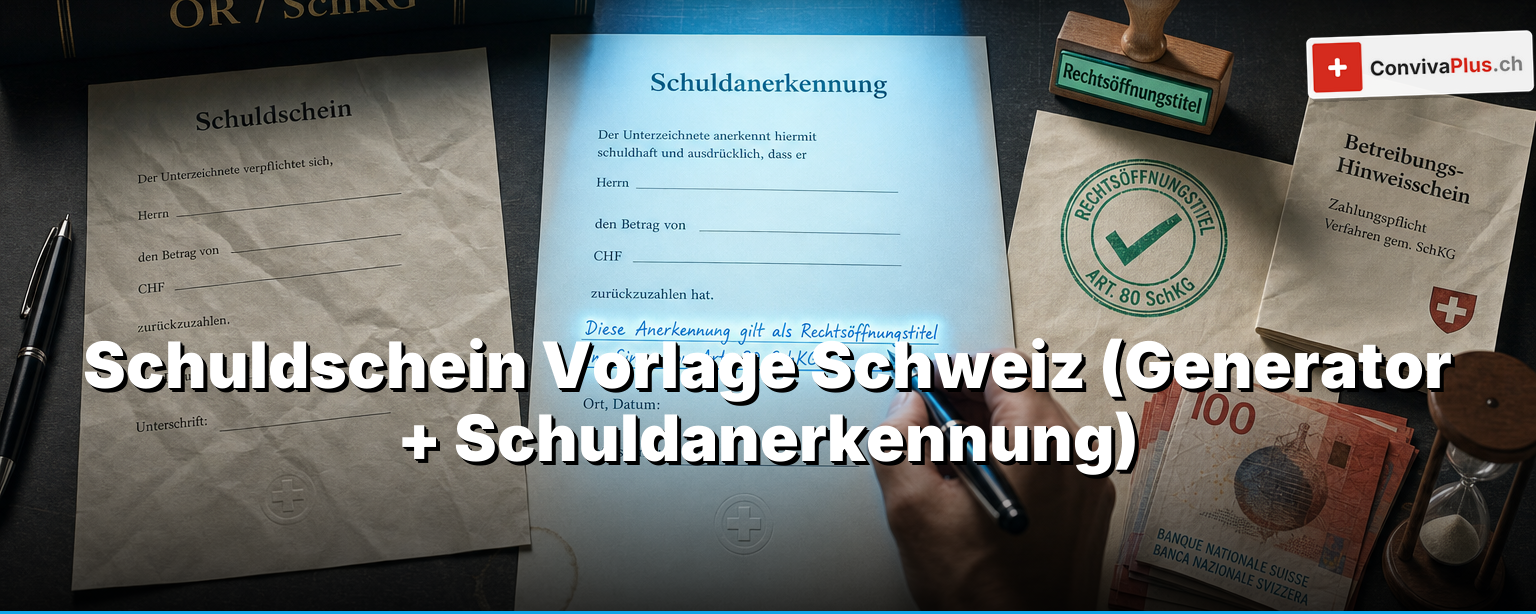 Schuldschein Vorlage Schweiz: gratis ausfüllen, und der eine Satz, der aus deinem Papier einen Vollstreckungs-Hebel macht (Generator + Schuldanerkennung)